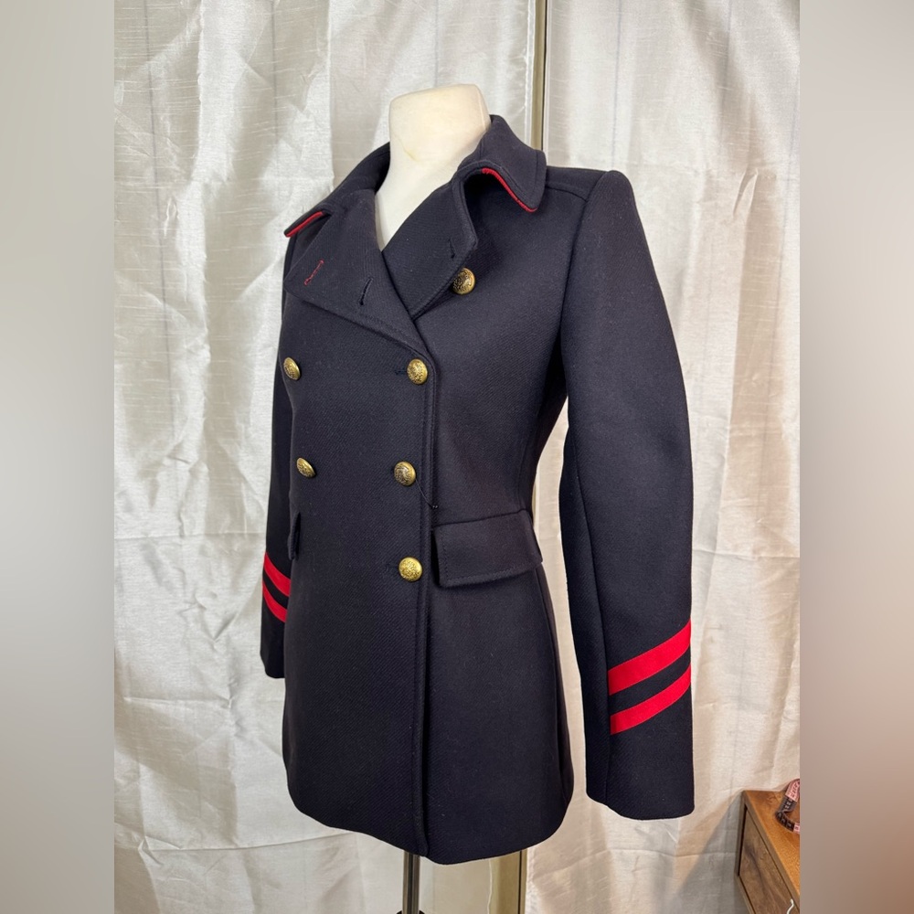Zara Women's Double-Breasted Navy Coat with Red Accents - Picture 2 of 12